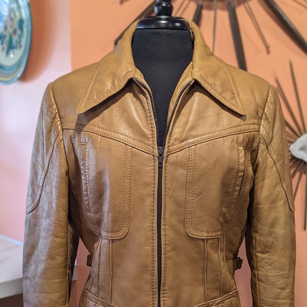 Vintage Tan Leather Zip Front Jacket - Picture 3 of 15